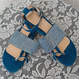 Blue Suede Sandals with Ankle Strap and Closed Toe